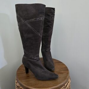 Impo, Size 6, Tall Stretch Suede Boots, Charcoal Gray